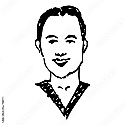 Portrait of a smiling man with v-line collar. Face of a happy young guy. Hand drawn linear doodle rough sketch. Black and white silhouette.