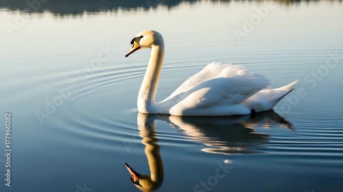 A graceful mute swan swimming on a tranquil lake with clear reflection