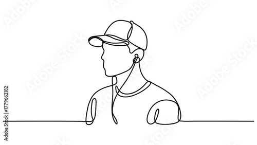 One Line Art of a Young Man Wearing a Cap and Earphones – Minimalist Continuous Red Line Drawing Style Illustration