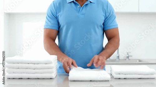 Man Folding White Towels on a Countertop in a Bathroom.