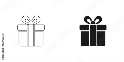Gift box icon in black and white, present with ribbon