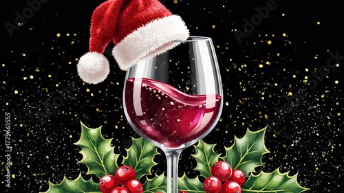 Red Wine Glass with Santa Hat and Holly Leaves