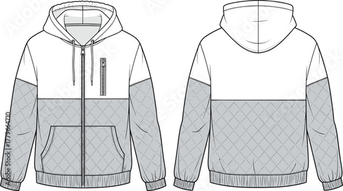 Hooded quilted jacket technical flat sketch, front and back CAD drawing, color block outerwear fashion design, vector apparel garment illustration