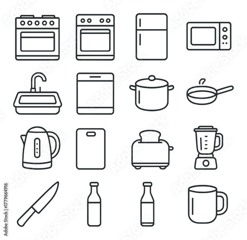 Outlined kitchen appliances icons set including fridge, stove, microwave, and blender