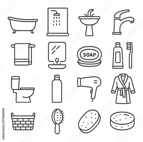 Minimalist bathroom icons: shower, bathtub, faucet, sink, mirror, soap, toiletries