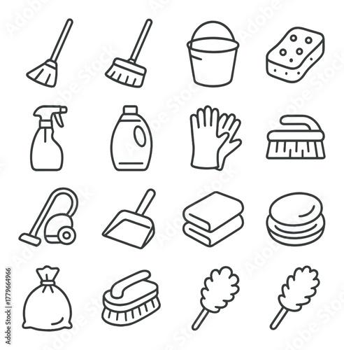 Cleaning tools icons: broom, bucket, sponge, gloves, vacuum, dustpan, brush