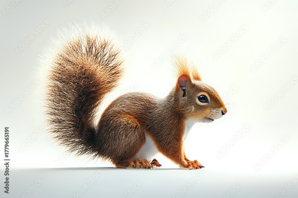 Obraz premium Red squirrel with fluffy tail on white background, side view of wild forest animal in studio lighting conditions, isolated wildlife photography.