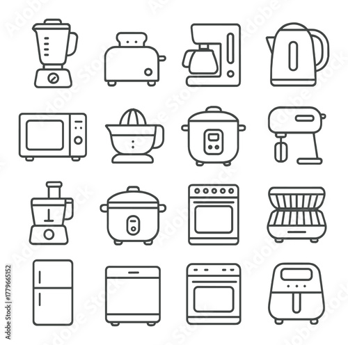 Kitchen appliance icons set featuring blender, toaster, coffee maker, kettle, microwave, juicer, cooker, mixer