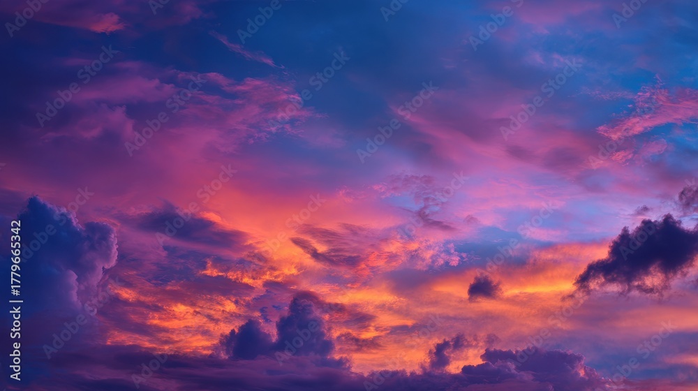Obraz premium Commercial high-resolution photo of vibrant sunset sky with dramatic clouds in shades of purple and orange.
