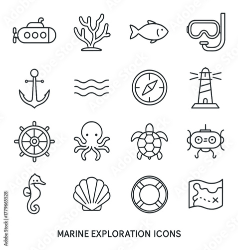 Marine exploration icons set featuring submarine, lighthouse, and compass
