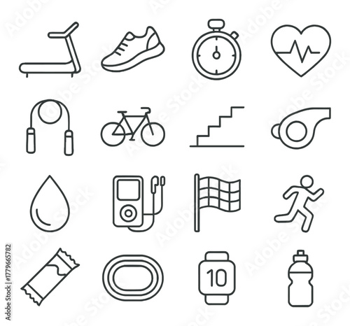 Fitness icons: equipment, activities, and health symbols including treadmill, stopwatch, bicycle, and heartbeat