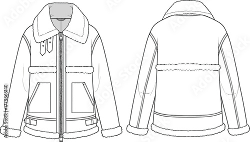 Shearling jacket flat sketch, front and back technical drawing, winter outerwear fashion CAD, vector garment design template, apparel illustration for industry