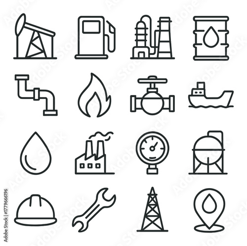 Oil industry icons set: extraction, refining, transportation, and safety symbols