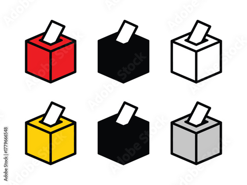 Multiple election ballot boxes in various colors are displayed, representing democratic choice and voting.