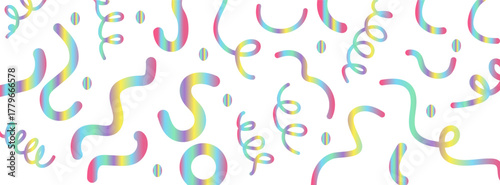 Colorful rainbow confetti streamers pattern on white background festive abstract celebration design