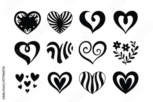 Vector set of heart shapes and icons for love, romance, and Valentine's Day designs