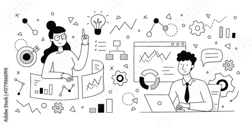 Business team collaborating on data analysis and new idea generation