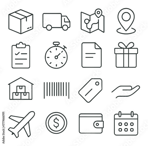 Icon set featuring delivery, navigation, and finance symbols