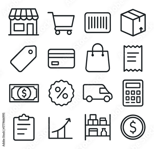 E-commerce icon set featuring shopping cart, credit card, and delivery symbols
