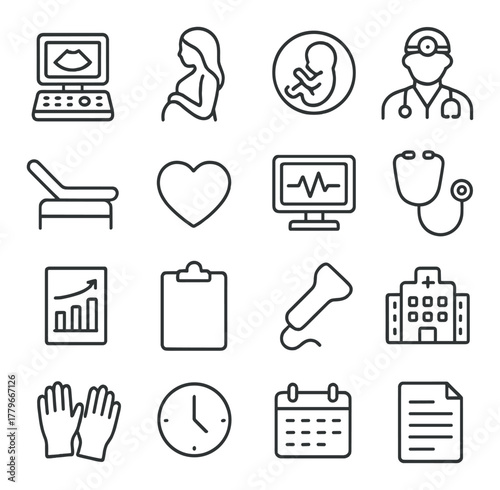 Medical icons: pregnancy, ultrasound, healthcare, doctor, hospital tools