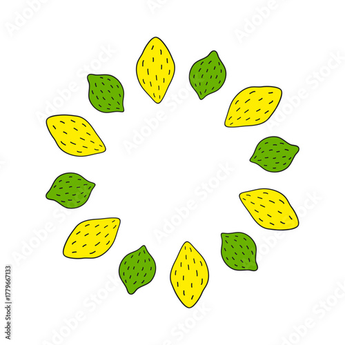 Cute round frame with doodle lemons and limes isolated on white background. Natural summer illustration. Circle composition with citrus fruits.