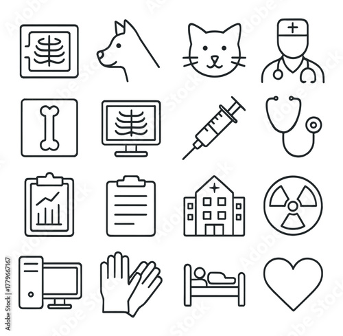 Medical and pet care icons: x-ray, dog, cat, bone, hospital, syringe, stethoscope
