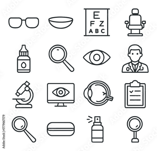 Vision care icons: glasses, eye chart, ophthalmologist, magnifying glass, microscope