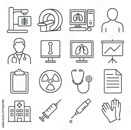 Medical icons set featuring hospital equipment and health symbols
