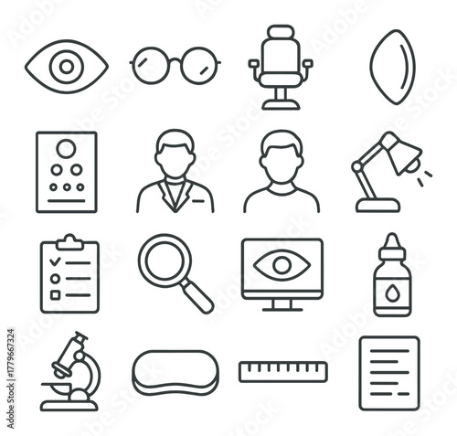 Optometry icons set: glasses, eye chart, equipment, doctor, vision testing tools