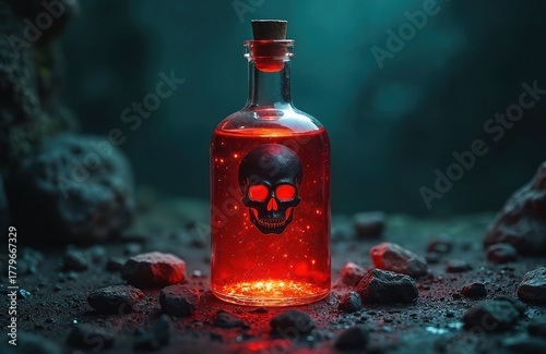 Glass bottle with red glowing liquid on dark ground. Black skull symbol with red eyes on bottle. Cork stopper on top. Rocks surround the dangerous toxic potion. Magical elixir in a scary dark cave.