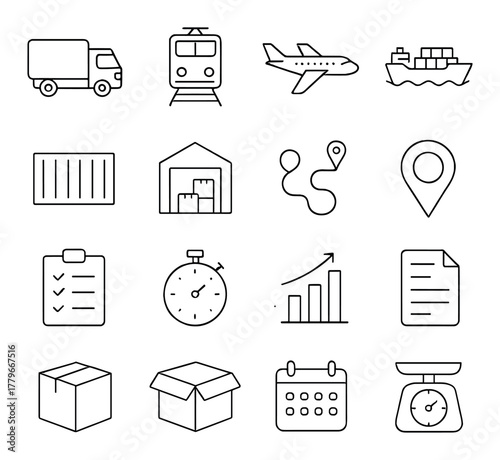 Logistics and transportation icon set featuring delivery, shipping, and tracking symbols