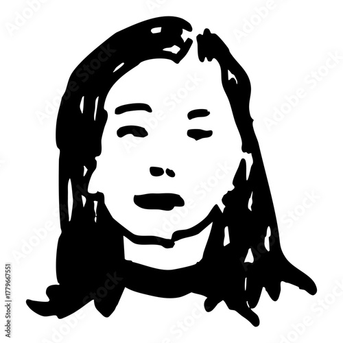 Head of a young Korean or Chinese woman with loose hair. Female portrait. Hand drawn linear doodle rough sketch. Black and white silhouette.