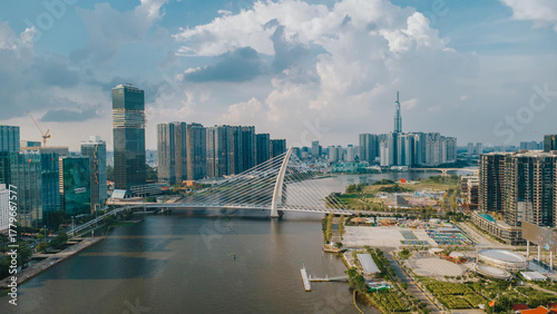 Aerial View of Thu Thiem Cable-Stayed Bridge over the Saigon River with Ho Chi Minh City Skyline