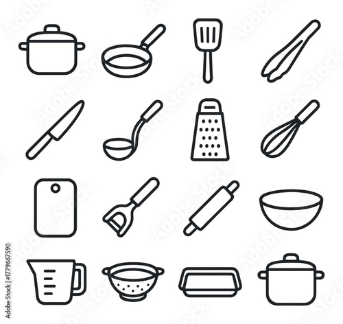 Kitchen utensils icons set: pot, pan, knife, spatula, whisk, grater