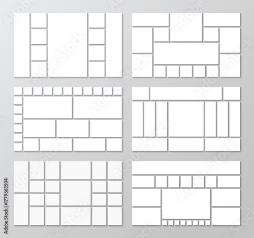 Photo collage templates set. Moodboard grid. Geometric forms layout. Mosaic pictures presentation. Gallery banner. Album brandboard. Portfolio images. Retro background. Vector illustration
