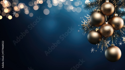 Golden decorations sparkle on a green tree, adding a cheerful touch to the holiday season with a serene blue backdrop and soft lights