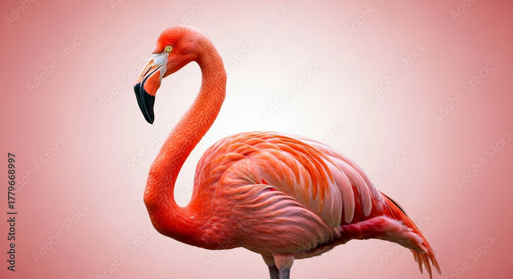 Fototapeta premium Flamingo bird pink standing on one leg profile view
