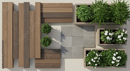 Outdoor patio design with wooden accents and flower boxes living planks grey tiles green plants white flowers