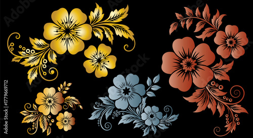 Elegant floral arrangement with gold copper and silver flowers on black background