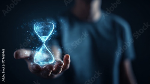 Time in hands: glowing hourglass illustration