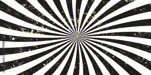 Distressed black and white vintage sunburst radial striped pattern