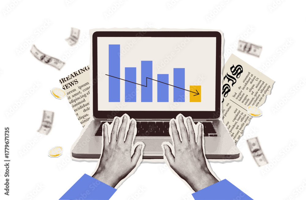 Fototapeta premium Collage with halftone two hands and arrow graph going down on laptop screen. Halftone paper stickers Concept of economic crisis and decline of investments, stocks or market. Vector illustration.