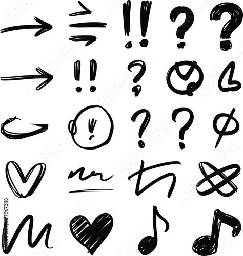Collection of hand drawn doodle symbols and icons including arrows hearts and question marks