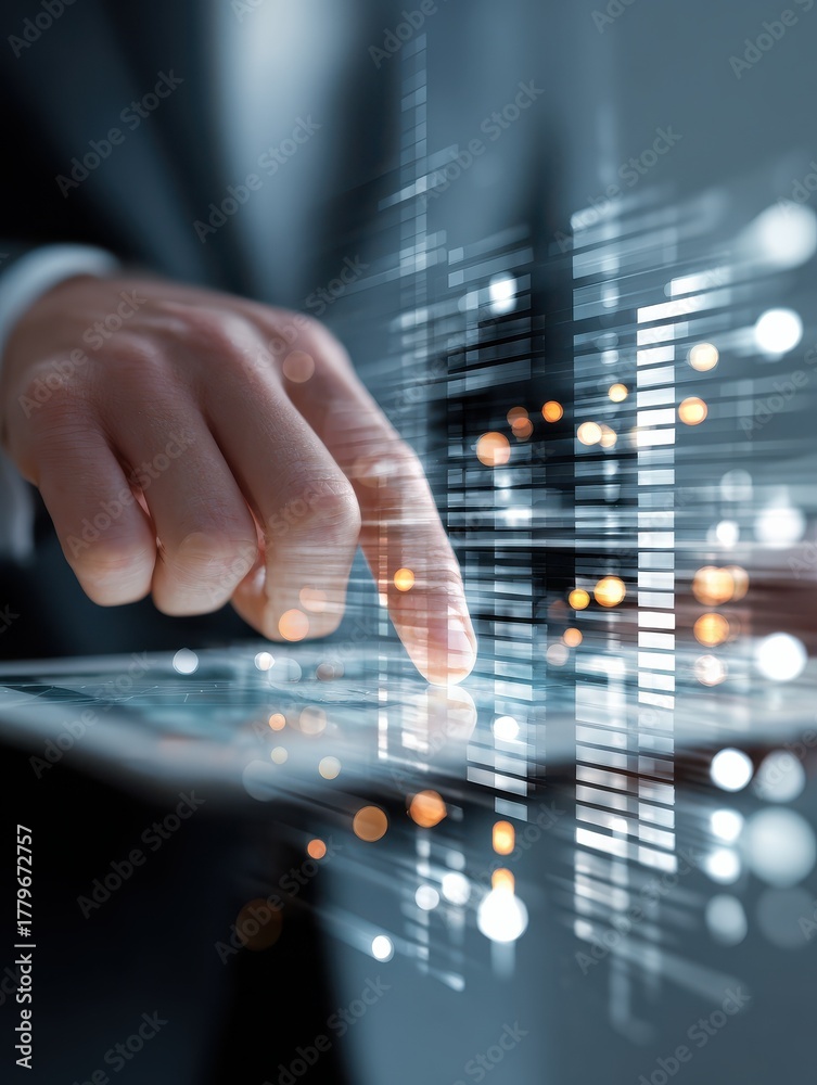 Fototapeta premium businessman hand working with modern technology digital tablet computer and graphics layer effect as business strategy concept no logos no brands ar 34