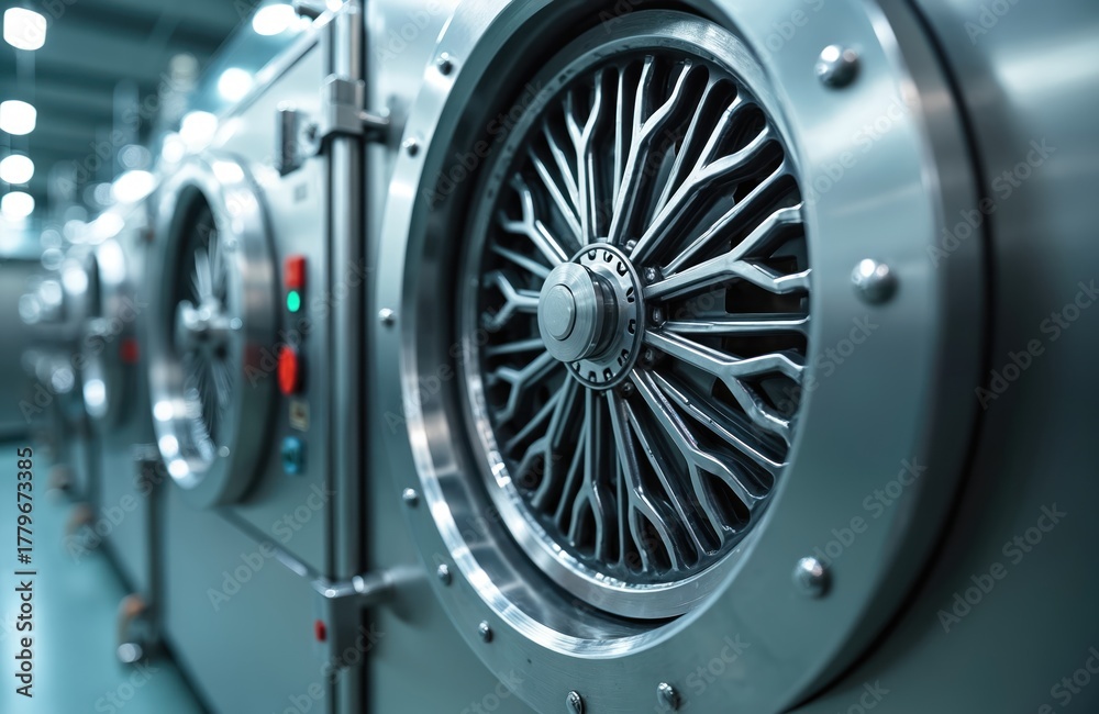 Fototapeta premium Sterile medical equipment produced in factory. Autoclave machines ensure hygiene. Industrial metal doors with control panels and hand wheels. Production line.