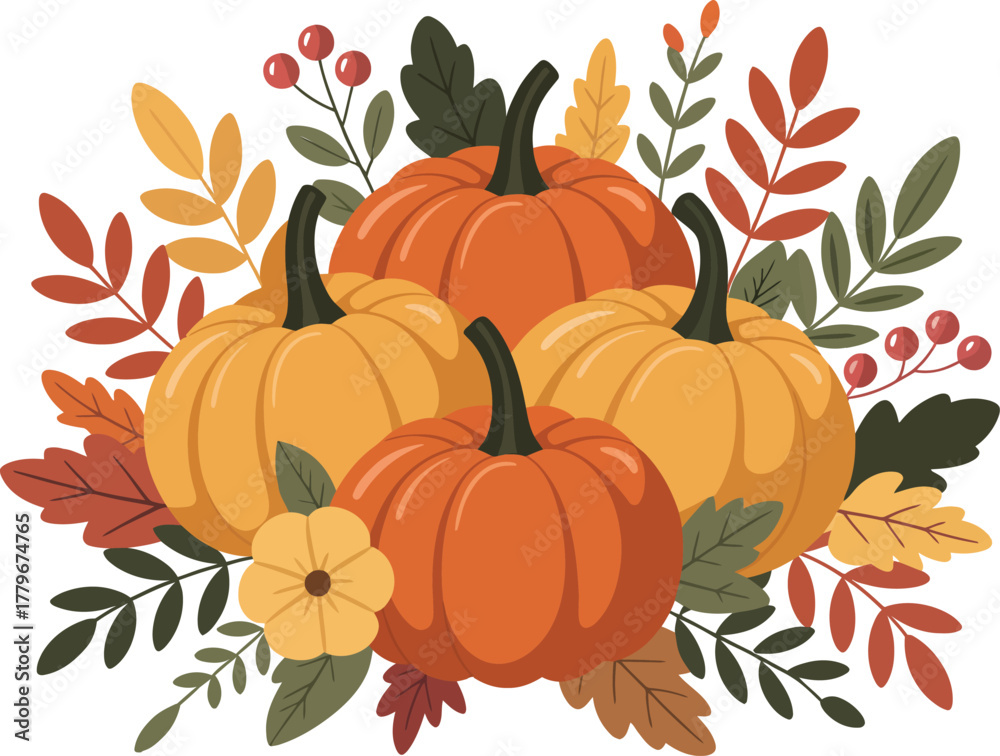 Naklejka premium Festive Fall Harvest Arrangement with Pumpkins Berries and Colorful Leaves for Thanksgiving and Autumn Celebrations Creating a Warm and Inviting Seasonal Display