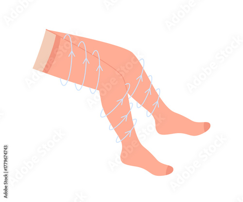 Compression stocking, socks on leg with arrows. Treatment varicose veins on foot. Medical therapy, rehabilitation clothes. Vector linear illustration