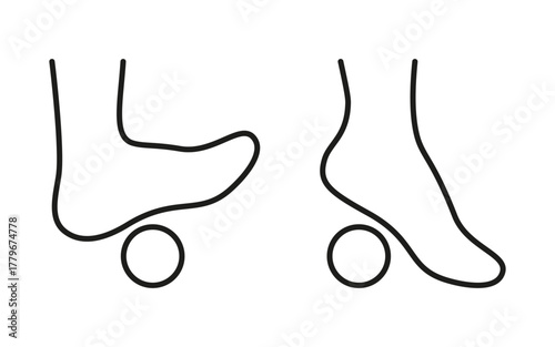 Foot massage, rolling exercise with ball, line icon. Orthopedic self gym. Care leg linear style. Vector outline illustration