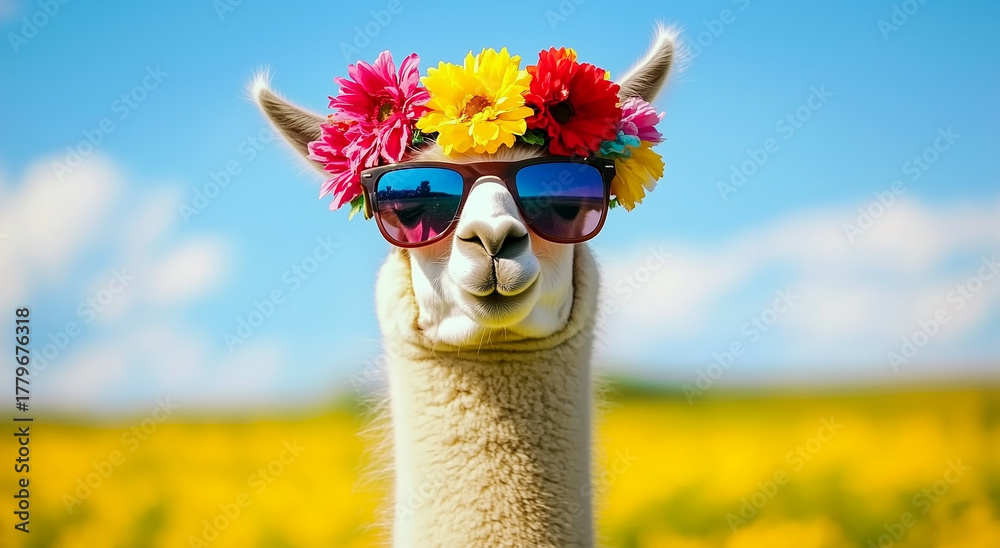 Obraz premium Portrait of a llama or alpaca wearing bright red sunglasses that reflect the blue sky and a vibrant