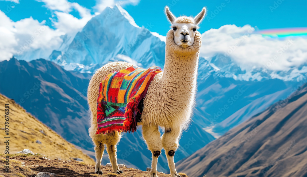 Fototapeta premium A majestic llama or alpaca stands proudly on a mountain ridge wearing a brightly colored, traditional woven Andean blanket 
